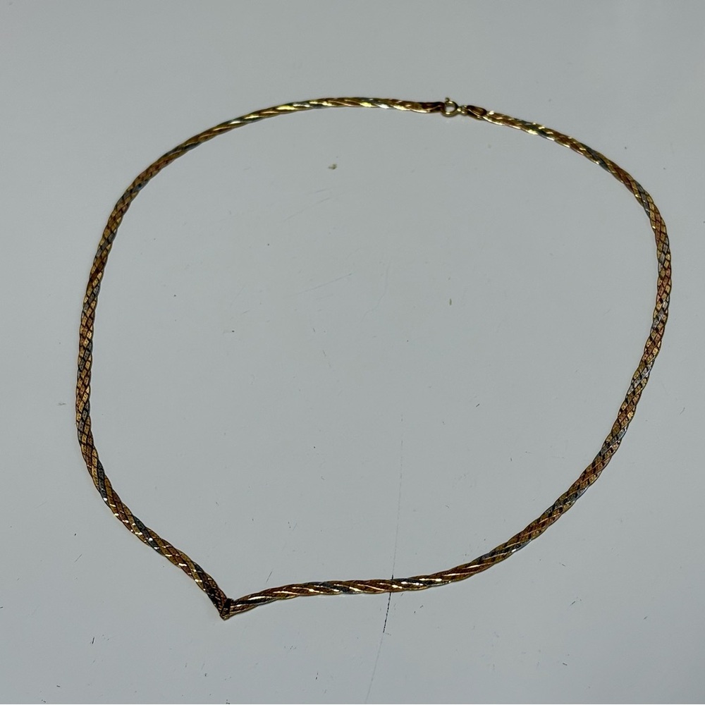 Authentic 14K Tri-Color Gold Braided Italian V-Necklace – 18”